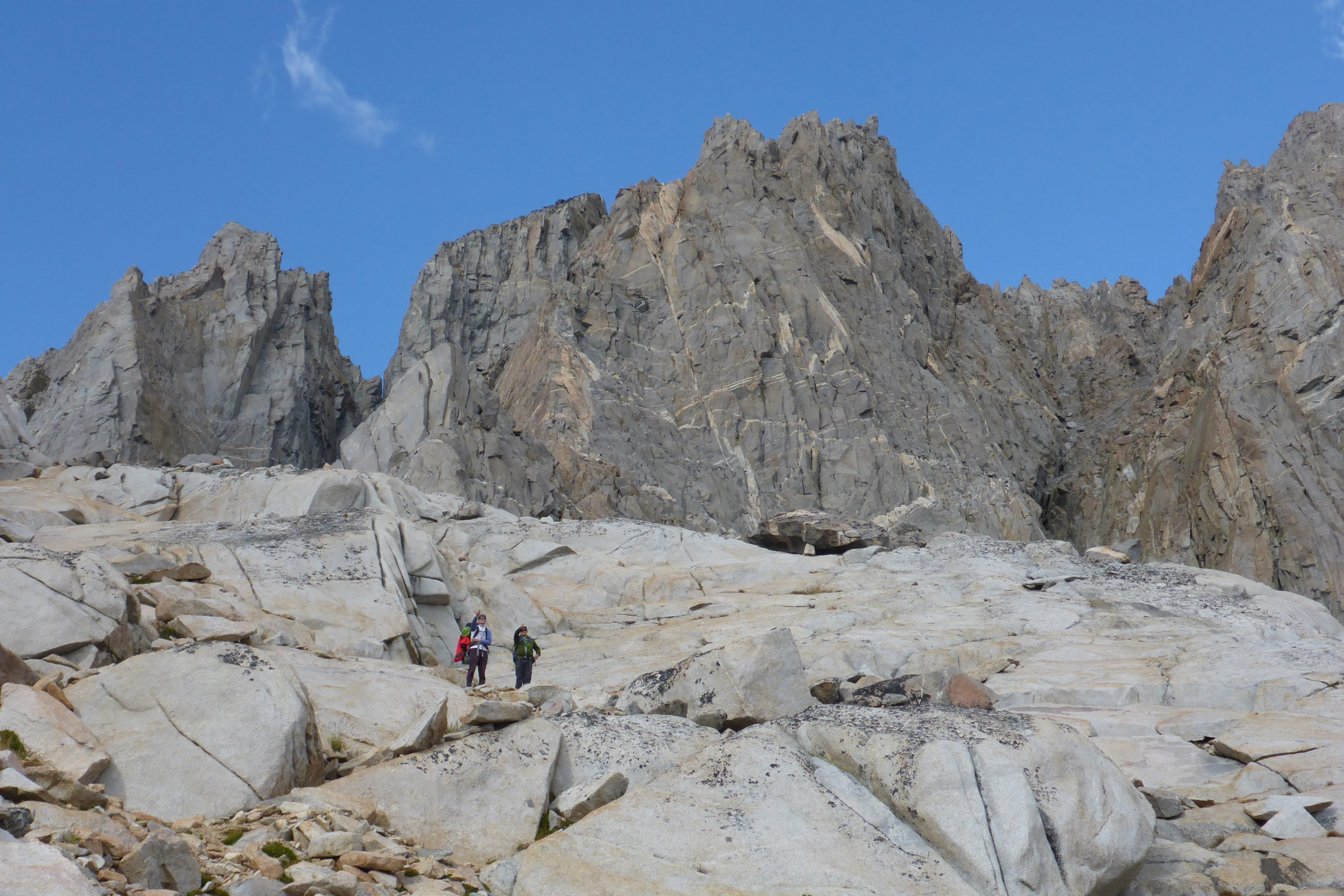 Craig and I point to one of the many luxurious bivy camps below Thunderbolt Pass